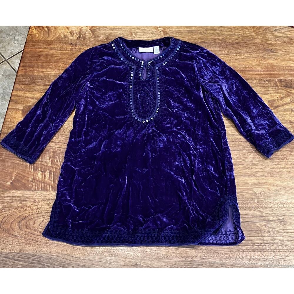 Chico’s 0 Purple Velvet Tunic‎ Top Sequin Embellished 3/4 Sleeve Holiday Party